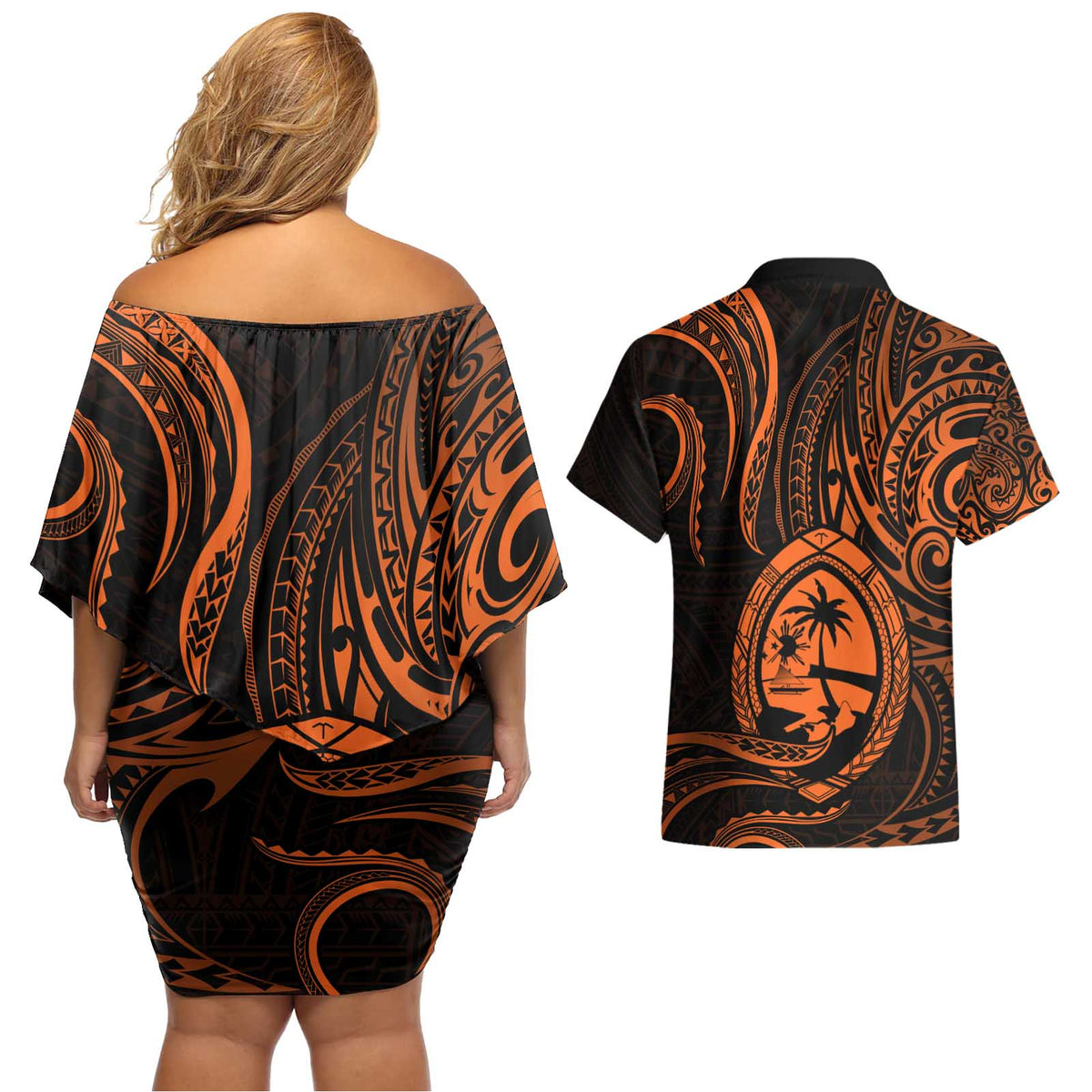Polynesian Guam Coat of Arms Couples Matching Off Shoulder Short Dress and Hawaiian Shirt Polynesian Tribal Tattoo Orange Version LT9 - Polynesian Pride