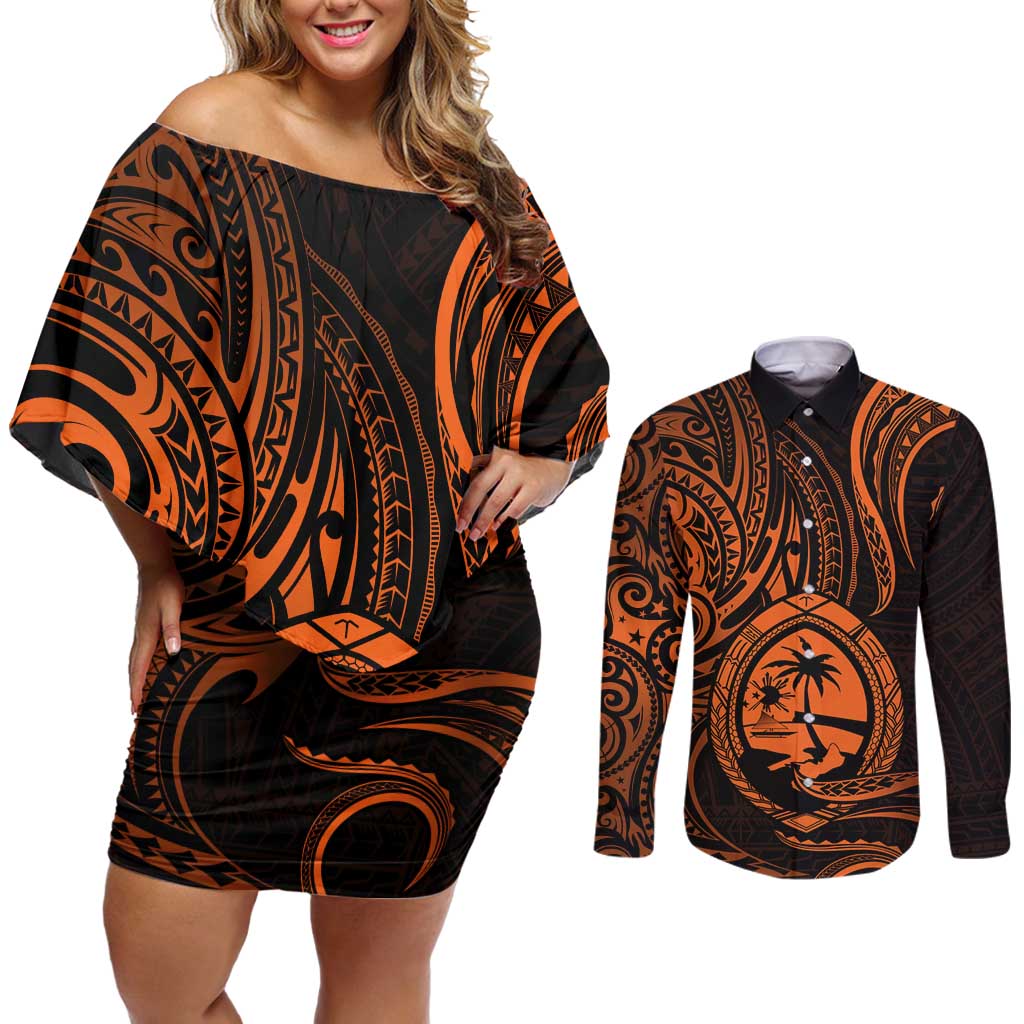 Polynesian Guam Coat of Arms Couples Matching Off Shoulder Short Dress and Long Sleeve Button Shirt Polynesian Tribal Tattoo Orange Version LT9 Orange - Polynesian Pride