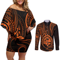 Polynesian Guam Coat of Arms Couples Matching Off Shoulder Short Dress and Long Sleeve Button Shirt Polynesian Tribal Tattoo Orange Version LT9 Orange - Polynesian Pride