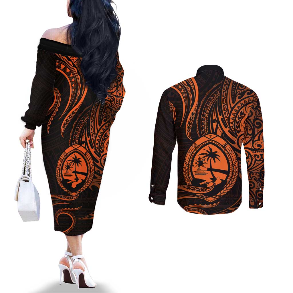 Polynesian Guam Coat of Arms Couples Matching Off The Shoulder Long Sleeve Dress and Long Sleeve Button Shirt Polynesian Tribal Tattoo Orange Version LT9 - Polynesian Pride