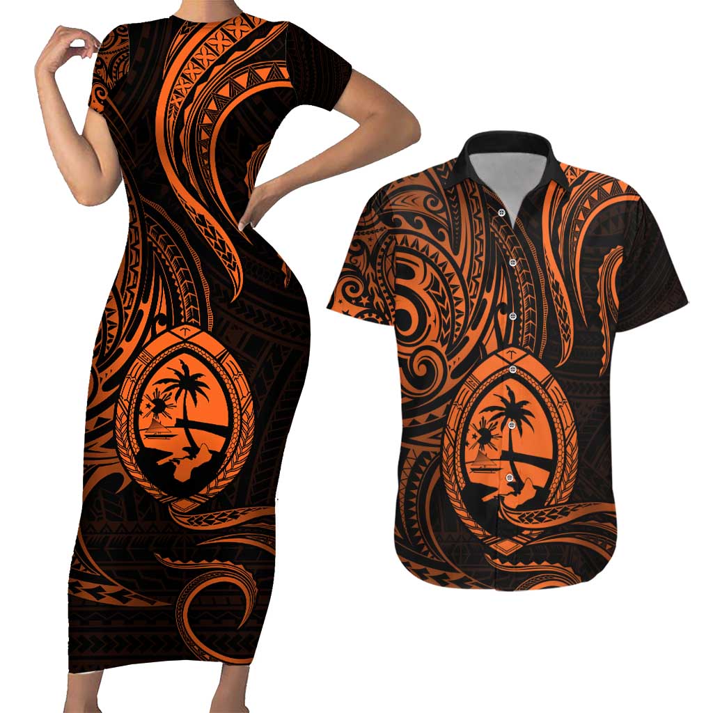 Polynesian Guam Coat of Arms Couples Matching Short Sleeve Bodycon Dress and Hawaiian Shirt Polynesian Tribal Tattoo Orange Version LT9 Orange - Polynesian Pride