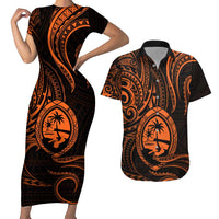 Polynesian Guam Coat of Arms Couples Matching Short Sleeve Bodycon Dress and Hawaiian Shirt Polynesian Tribal Tattoo Orange Version LT9 Orange - Polynesian Pride