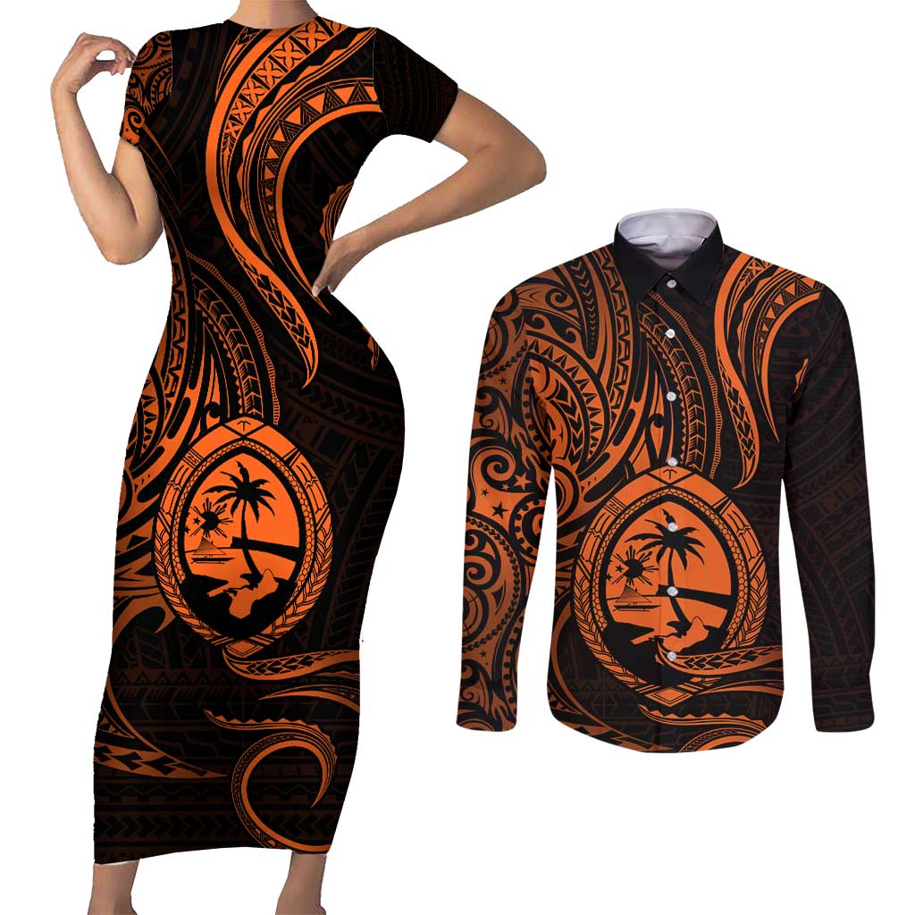Polynesian Guam Coat of Arms Couples Matching Short Sleeve Bodycon Dress and Long Sleeve Button Shirt Polynesian Tribal Tattoo Orange Version LT9 Orange - Polynesian Pride