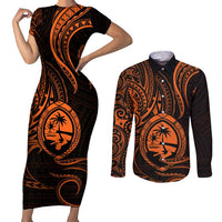 Polynesian Guam Coat of Arms Couples Matching Short Sleeve Bodycon Dress and Long Sleeve Button Shirt Polynesian Tribal Tattoo Orange Version LT9 Orange - Polynesian Pride
