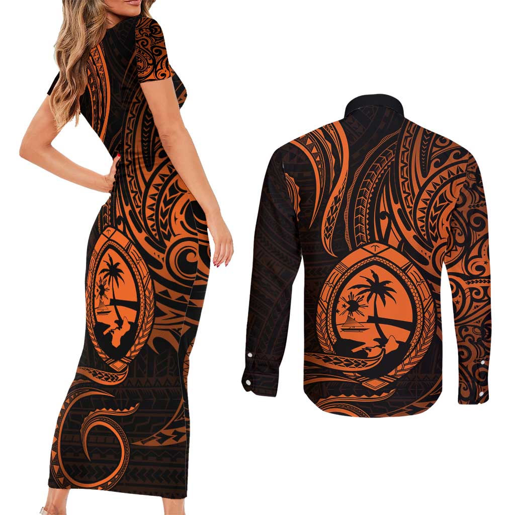 Polynesian Guam Coat of Arms Couples Matching Short Sleeve Bodycon Dress and Long Sleeve Button Shirt Polynesian Tribal Tattoo Orange Version LT9 - Polynesian Pride