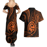 Polynesian Guam Coat of Arms Couples Matching Summer Maxi Dress and Hawaiian Shirt Polynesian Tribal Tattoo Orange Version LT9 - Polynesian Pride
