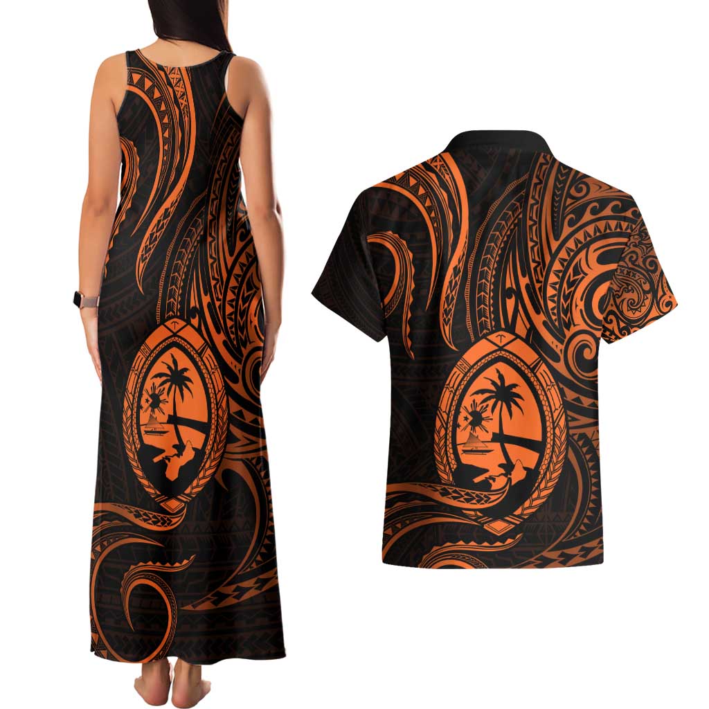 Polynesian Guam Coat of Arms Couples Matching Tank Maxi Dress and Hawaiian Shirt Polynesian Tribal Tattoo Orange Version LT9 - Polynesian Pride