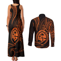 Polynesian Guam Coat of Arms Couples Matching Tank Maxi Dress and Long Sleeve Button Shirt Polynesian Tribal Tattoo Orange Version LT9 - Polynesian Pride