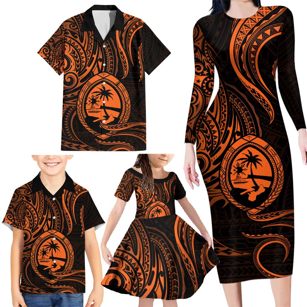 Polynesian Guam Coat of Arms Family Matching Long Sleeve Bodycon Dress and Hawaiian Shirt Polynesian Tribal Tattoo Orange Version LT9 - Polynesian Pride