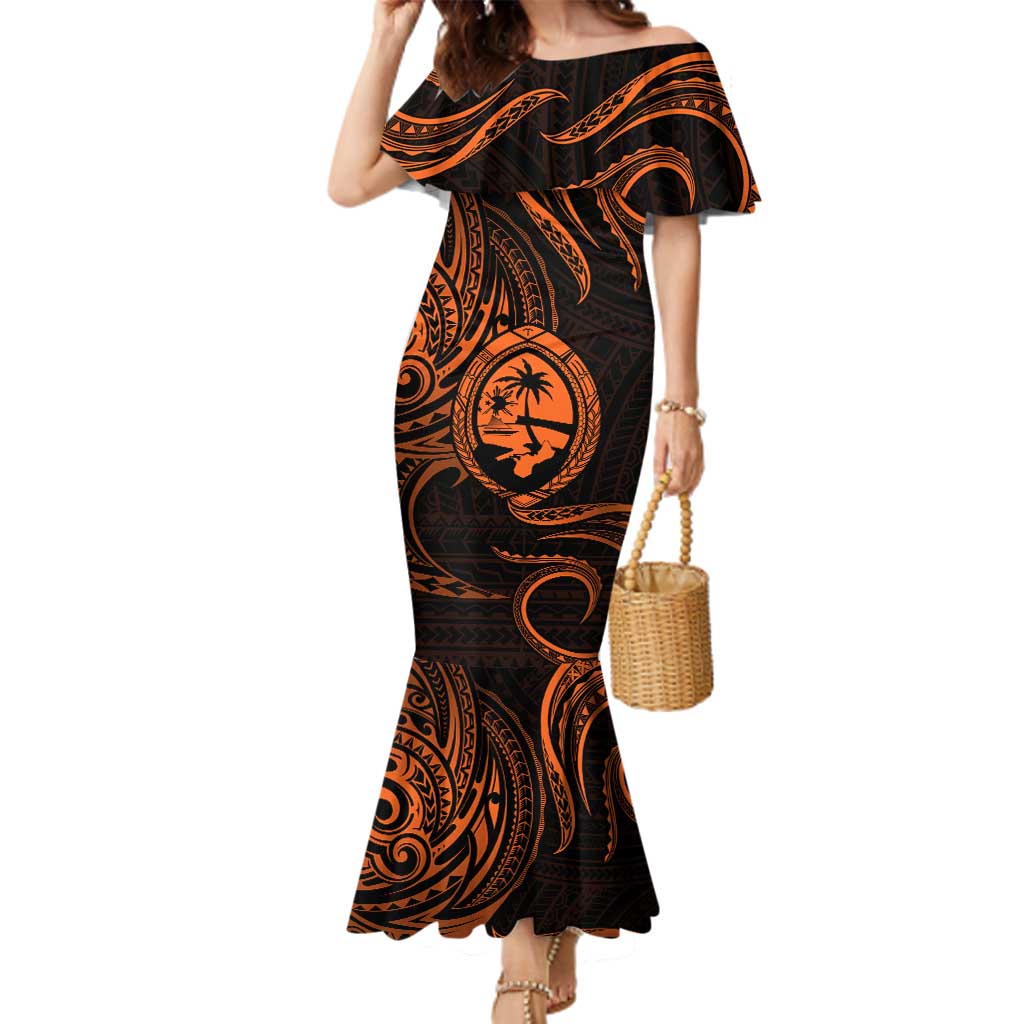 Polynesian Guam Coat of Arms Family Matching Mermaid Dress and Hawaiian Shirt Polynesian Tribal Tattoo Orange Version LT9 Mom's Dress Orange - Polynesian Pride