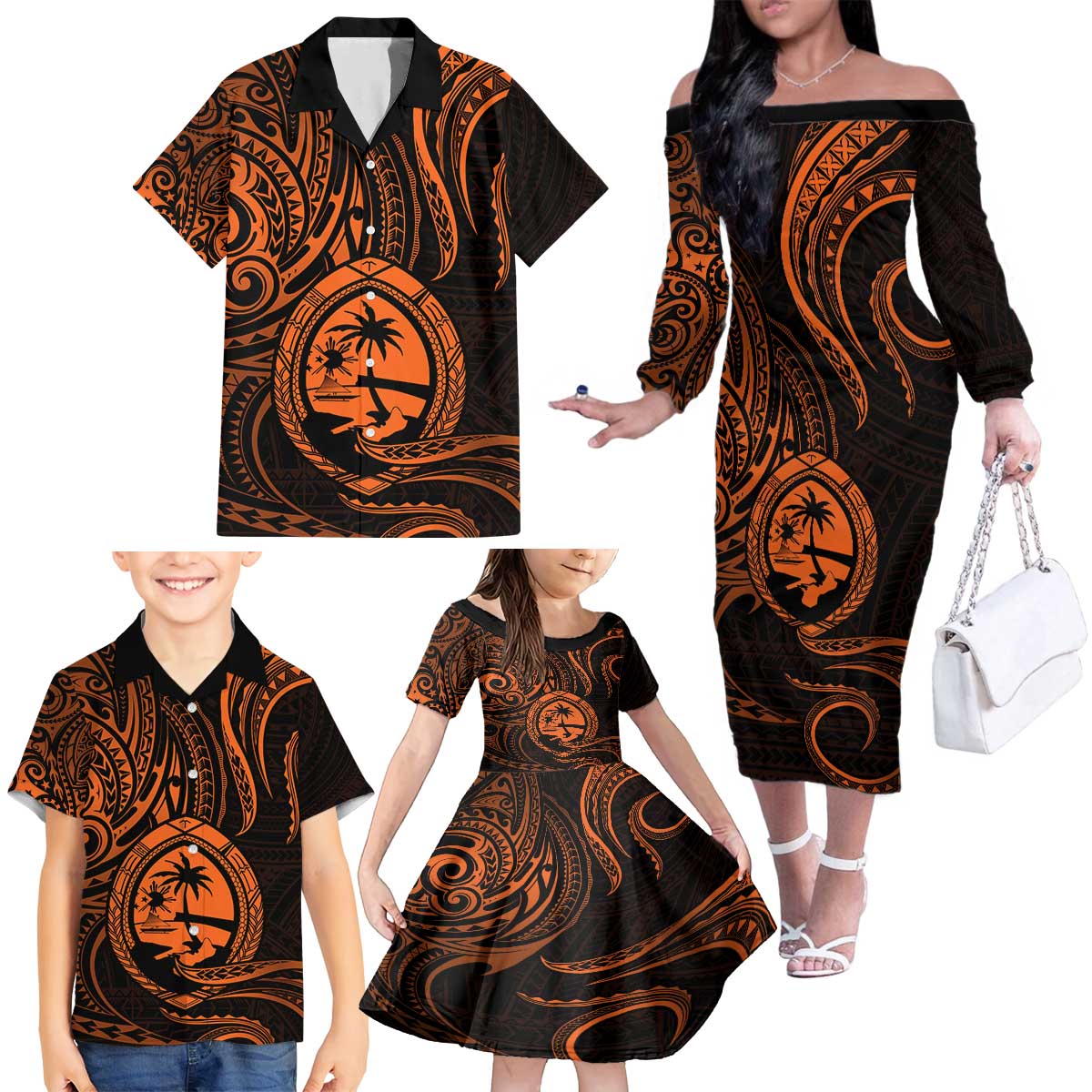 Polynesian Guam Coat of Arms Family Matching Off The Shoulder Long Sleeve Dress and Hawaiian Shirt Polynesian Tribal Tattoo Orange Version LT9 - Polynesian Pride