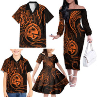 Polynesian Guam Coat of Arms Family Matching Off The Shoulder Long Sleeve Dress and Hawaiian Shirt Polynesian Tribal Tattoo Orange Version LT9 - Polynesian Pride