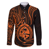 Polynesian Guam Coat of Arms Family Matching Off The Shoulder Long Sleeve Dress and Hawaiian Shirt Polynesian Tribal Tattoo Orange Version LT9 Dad's Shirt - Long Sleeve Orange - Polynesian Pride
