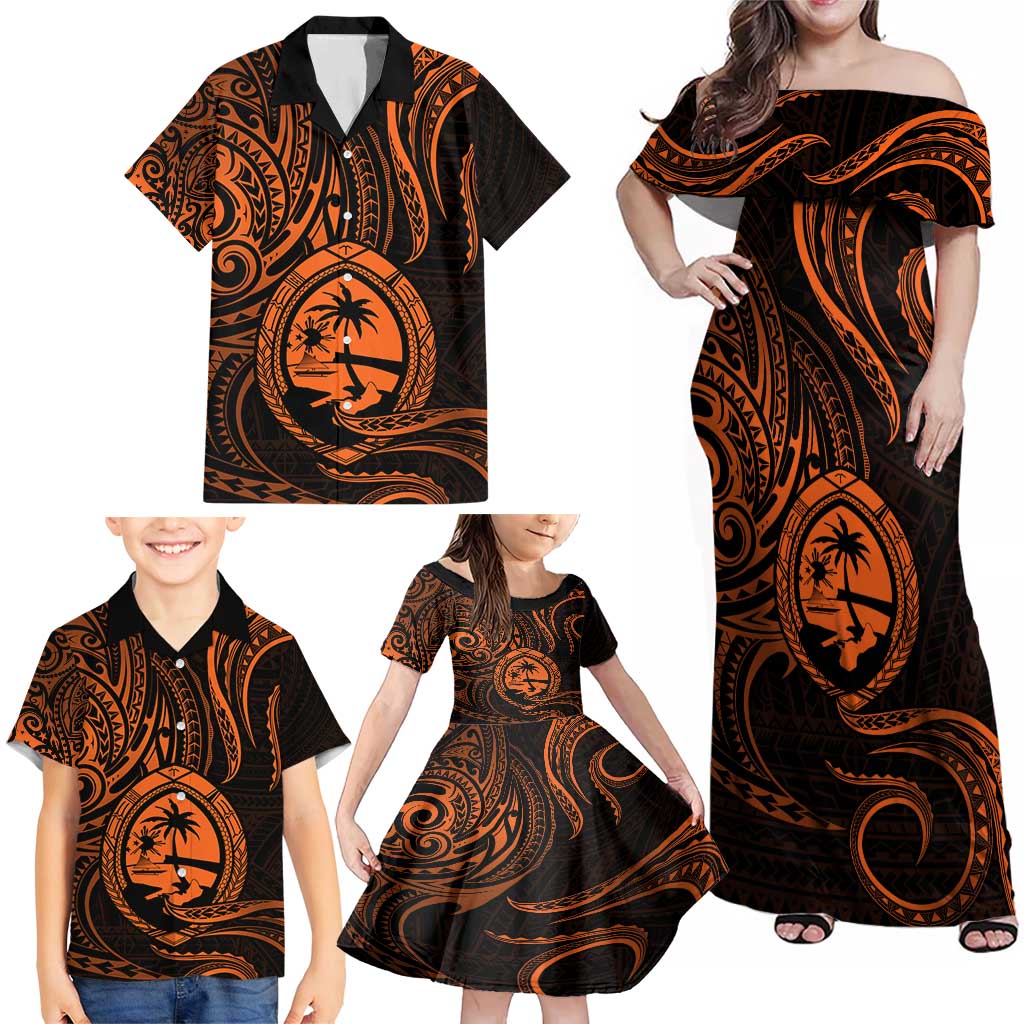 Polynesian Guam Coat of Arms Family Matching Off Shoulder Maxi Dress and Hawaiian Shirt Polynesian Tribal Tattoo Orange Version LT9 - Polynesian Pride
