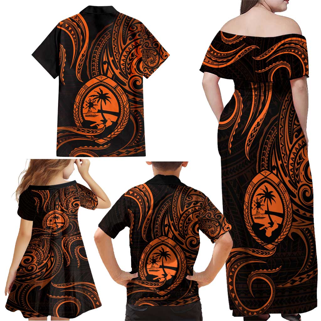 Polynesian Guam Coat of Arms Family Matching Off Shoulder Maxi Dress and Hawaiian Shirt Polynesian Tribal Tattoo Orange Version LT9 - Polynesian Pride
