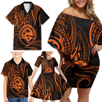 Polynesian Guam Coat of Arms Family Matching Off Shoulder Short Dress and Hawaiian Shirt Polynesian Tribal Tattoo Orange Version LT9 - Polynesian Pride
