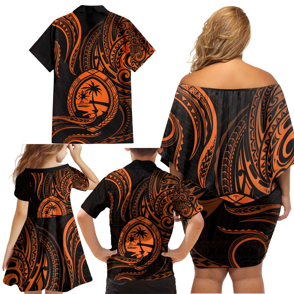 Polynesian Guam Coat of Arms Family Matching Off Shoulder Short Dress and Hawaiian Shirt Polynesian Tribal Tattoo Orange Version LT9 - Polynesian Pride
