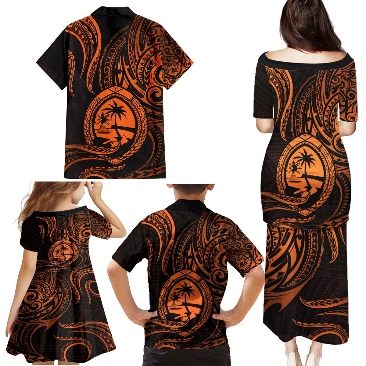 Polynesian Guam Coat of Arms Family Matching Puletasi and Hawaiian Shirt Polynesian Tribal Tattoo Orange Version LT9 - Polynesian Pride