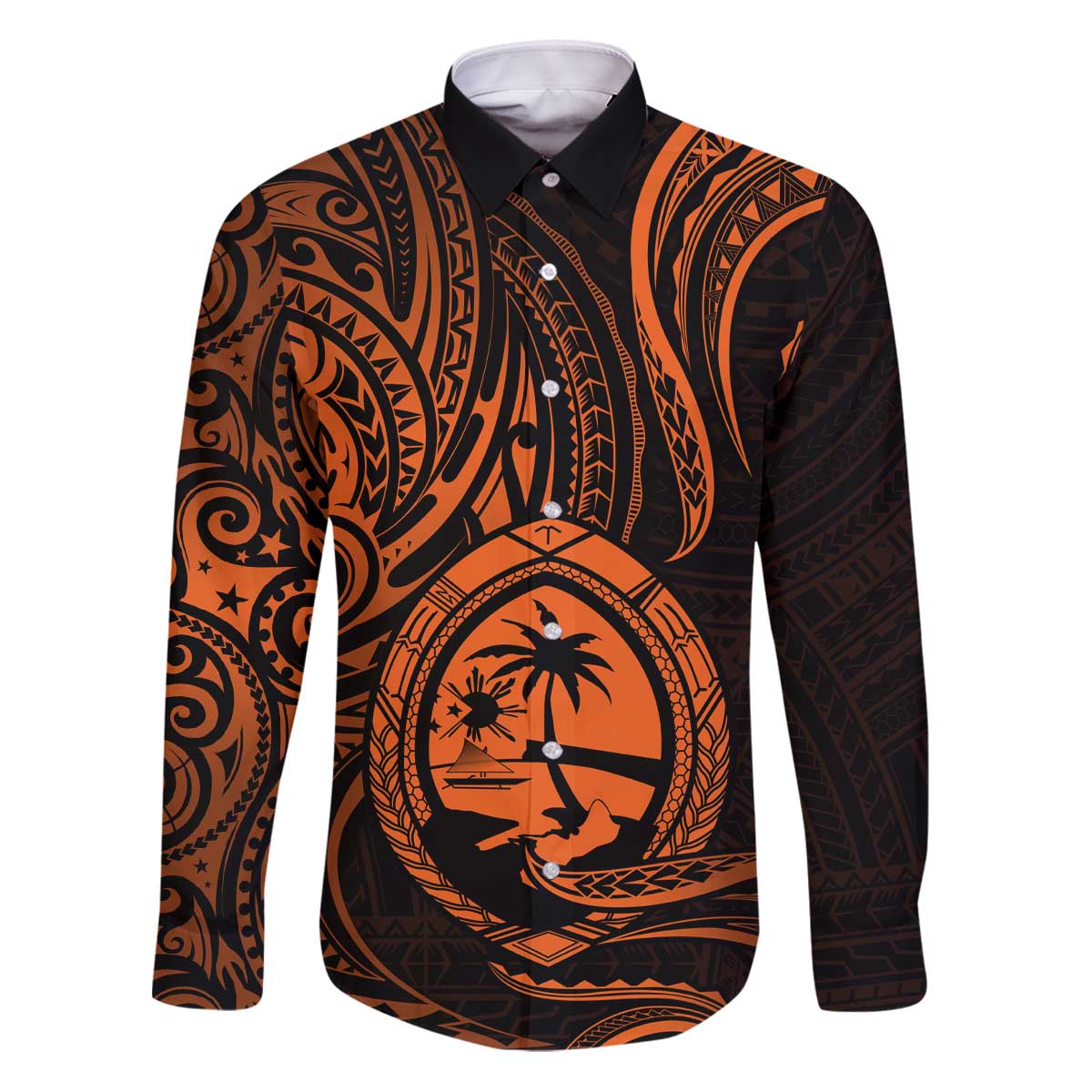 Polynesian Guam Coat of Arms Family Matching Puletasi and Hawaiian Shirt Polynesian Tribal Tattoo Orange Version LT9 Dad's Shirt - Long Sleeve Orange - Polynesian Pride