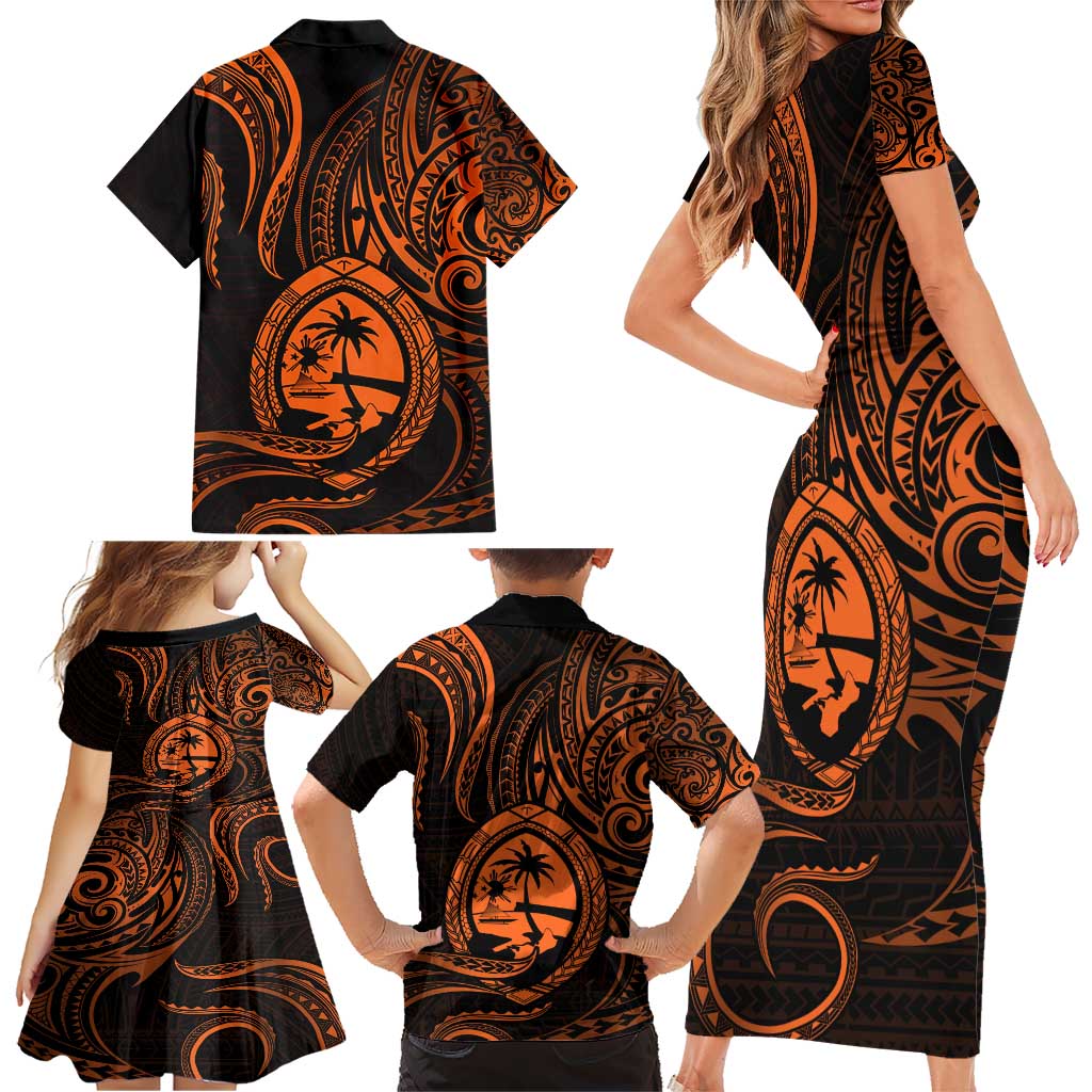 Polynesian Guam Coat of Arms Family Matching Short Sleeve Bodycon Dress and Hawaiian Shirt Polynesian Tribal Tattoo Orange Version LT9 - Polynesian Pride