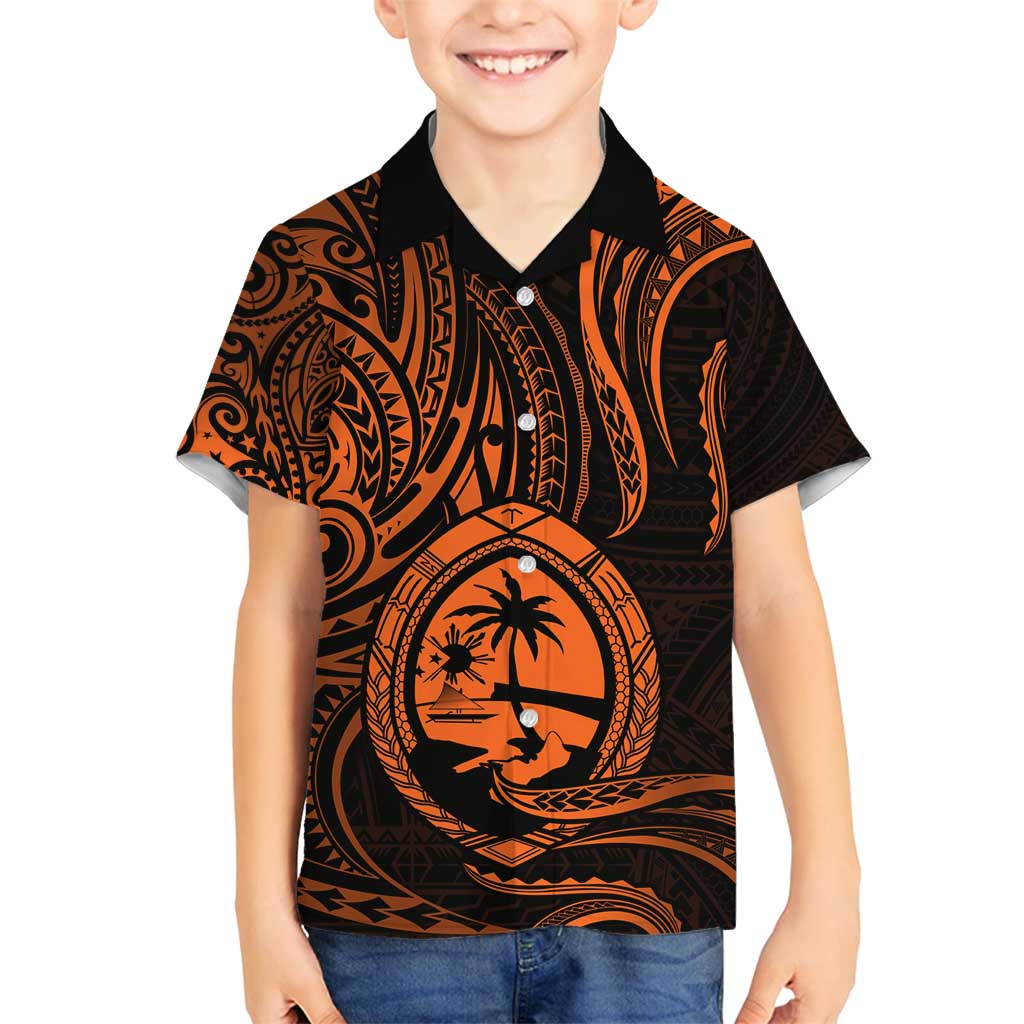 Polynesian Guam Coat of Arms Family Matching Summer Maxi Dress and Hawaiian Shirt Polynesian Tribal Tattoo Orange Version LT9 Son's Shirt Orange - Polynesian Pride