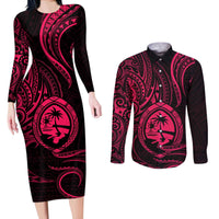 Polynesian Guam Coat of Arms Couples Matching Long Sleeve Bodycon Dress and Long Sleeve Button Shirt Polynesian Tribal Tattoo Pink Version LT9 Pink - Polynesian Pride