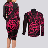 Polynesian Guam Coat of Arms Couples Matching Long Sleeve Bodycon Dress and Long Sleeve Button Shirt Polynesian Tribal Tattoo Pink Version LT9 - Polynesian Pride