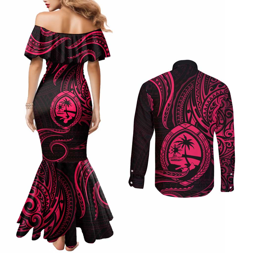 Polynesian Guam Coat of Arms Couples Matching Mermaid Dress and Long Sleeve Button Shirt Polynesian Tribal Tattoo Pink Version LT9 - Polynesian Pride