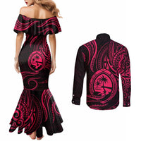 Polynesian Guam Coat of Arms Couples Matching Mermaid Dress and Long Sleeve Button Shirt Polynesian Tribal Tattoo Pink Version LT9 - Polynesian Pride