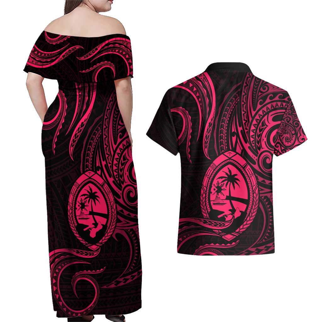 Polynesian Guam Coat of Arms Couples Matching Off Shoulder Maxi Dress and Hawaiian Shirt Polynesian Tribal Tattoo Pink Version LT9 - Polynesian Pride