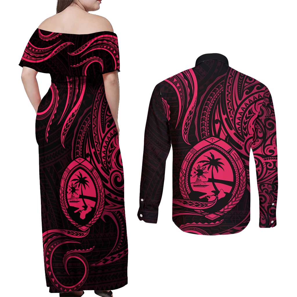 Polynesian Guam Coat of Arms Couples Matching Off Shoulder Maxi Dress and Long Sleeve Button Shirt Polynesian Tribal Tattoo Pink Version LT9 - Polynesian Pride