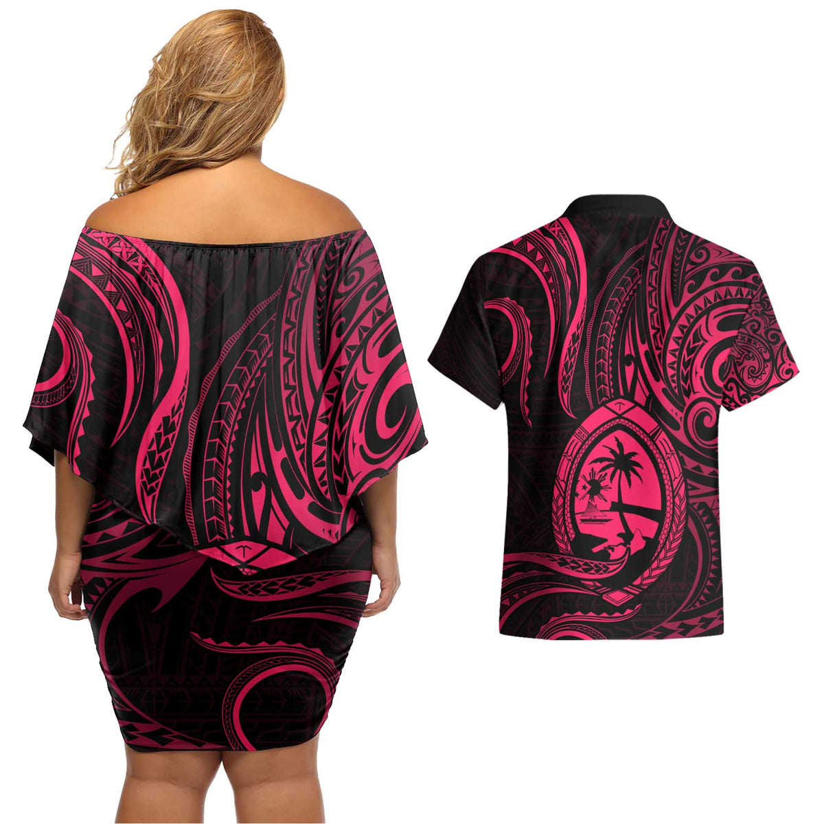Polynesian Guam Coat of Arms Couples Matching Off Shoulder Short Dress and Hawaiian Shirt Polynesian Tribal Tattoo Pink Version LT9 - Polynesian Pride