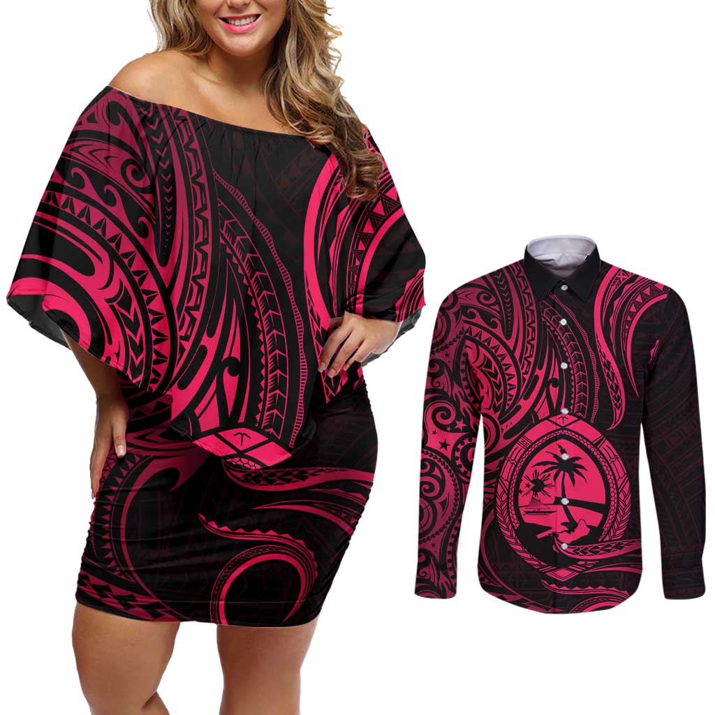 Polynesian Guam Coat of Arms Couples Matching Off Shoulder Short Dress and Long Sleeve Button Shirt Polynesian Tribal Tattoo Pink Version LT9 Pink - Polynesian Pride