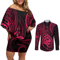 Polynesian Guam Coat of Arms Couples Matching Off Shoulder Short Dress and Long Sleeve Button Shirt Polynesian Tribal Tattoo Pink Version LT9 Pink - Polynesian Pride