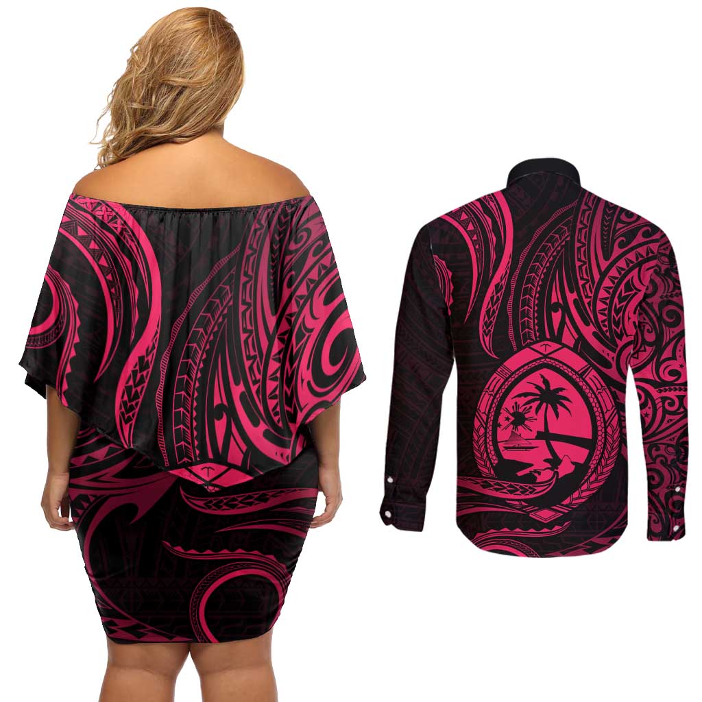 Polynesian Guam Coat of Arms Couples Matching Off Shoulder Short Dress and Long Sleeve Button Shirt Polynesian Tribal Tattoo Pink Version LT9 - Polynesian Pride