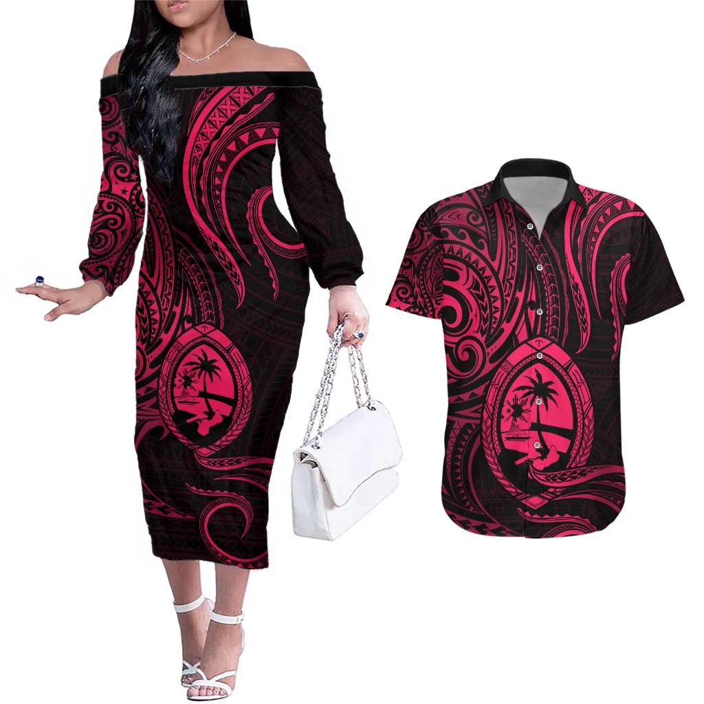 Polynesian Guam Coat of Arms Couples Matching Off The Shoulder Long Sleeve Dress and Hawaiian Shirt Polynesian Tribal Tattoo Pink Version LT9 Pink - Polynesian Pride