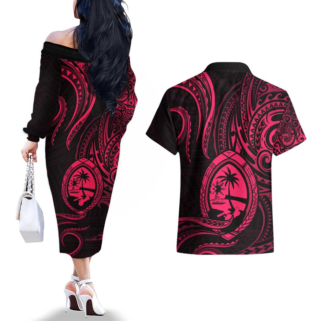 Polynesian Guam Coat of Arms Couples Matching Off The Shoulder Long Sleeve Dress and Hawaiian Shirt Polynesian Tribal Tattoo Pink Version LT9 - Polynesian Pride