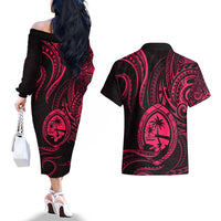 Polynesian Guam Coat of Arms Couples Matching Off The Shoulder Long Sleeve Dress and Hawaiian Shirt Polynesian Tribal Tattoo Pink Version LT9 - Polynesian Pride