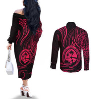 Polynesian Guam Coat of Arms Couples Matching Off The Shoulder Long Sleeve Dress and Long Sleeve Button Shirt Polynesian Tribal Tattoo Pink Version LT9 - Polynesian Pride