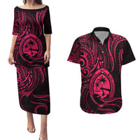 Polynesian Guam Coat of Arms Couples Matching Puletasi and Hawaiian Shirt Polynesian Tribal Tattoo Pink Version LT9 Pink - Polynesian Pride