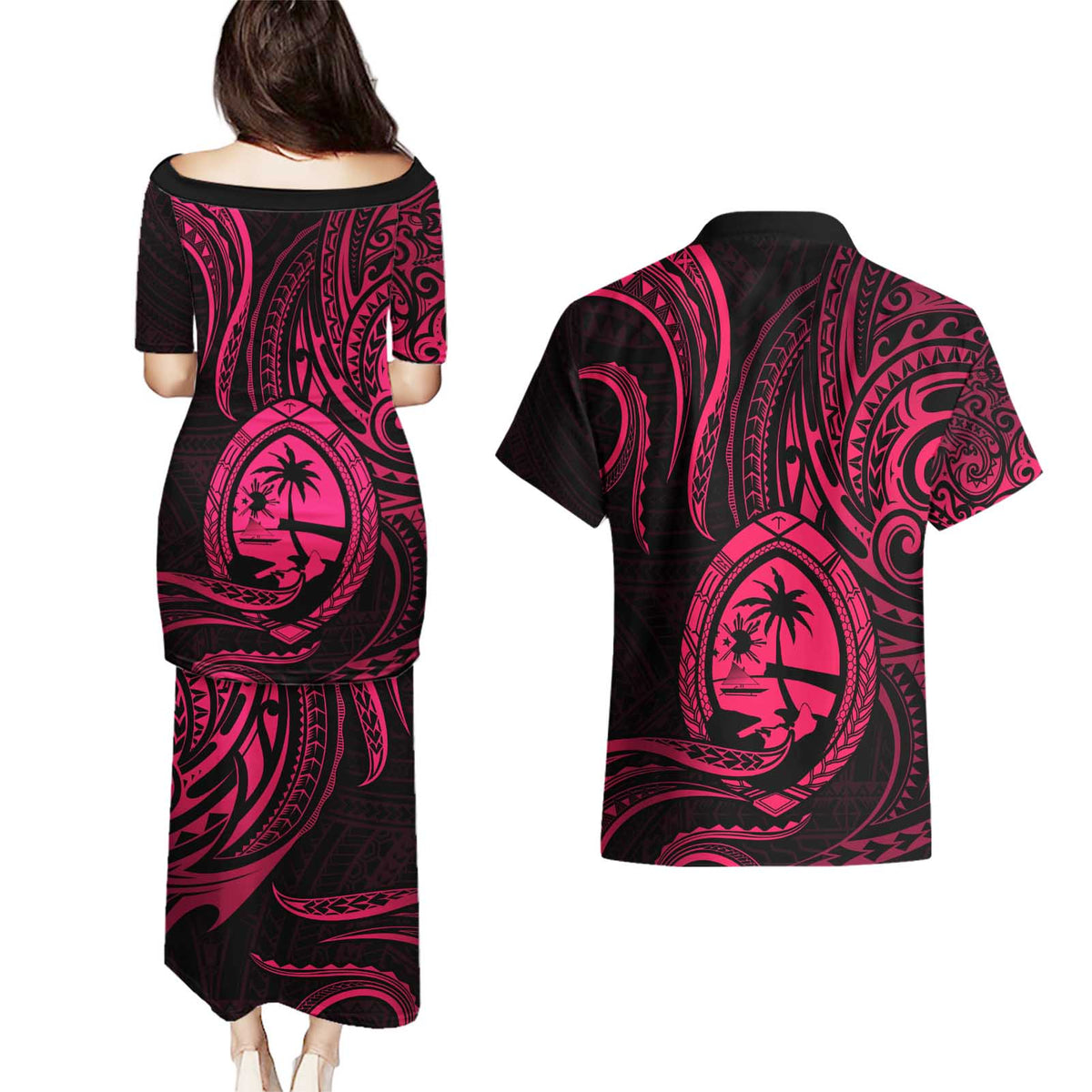 Polynesian Guam Coat of Arms Couples Matching Puletasi and Hawaiian Shirt Polynesian Tribal Tattoo Pink Version LT9 - Polynesian Pride