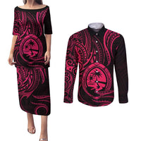 Polynesian Guam Coat of Arms Couples Matching Puletasi and Long Sleeve Button Shirt Polynesian Tribal Tattoo Pink Version LT9 Pink - Polynesian Pride