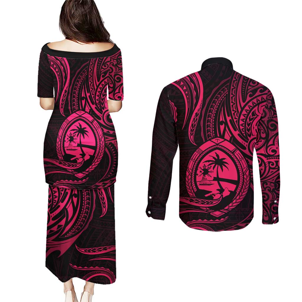 Polynesian Guam Coat of Arms Couples Matching Puletasi and Long Sleeve Button Shirt Polynesian Tribal Tattoo Pink Version LT9 - Polynesian Pride