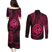 Polynesian Guam Coat of Arms Couples Matching Puletasi and Long Sleeve Button Shirt Polynesian Tribal Tattoo Pink Version LT9 - Polynesian Pride