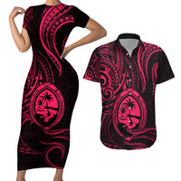 Polynesian Guam Coat of Arms Couples Matching Short Sleeve Bodycon Dress and Hawaiian Shirt Polynesian Tribal Tattoo Pink Version LT9 Pink - Polynesian Pride