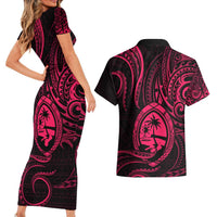 Polynesian Guam Coat of Arms Couples Matching Short Sleeve Bodycon Dress and Hawaiian Shirt Polynesian Tribal Tattoo Pink Version LT9 - Polynesian Pride