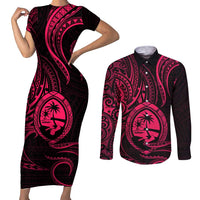 Polynesian Guam Coat of Arms Couples Matching Short Sleeve Bodycon Dress and Long Sleeve Button Shirt Polynesian Tribal Tattoo Pink Version LT9 Pink - Polynesian Pride