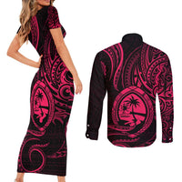 Polynesian Guam Coat of Arms Couples Matching Short Sleeve Bodycon Dress and Long Sleeve Button Shirt Polynesian Tribal Tattoo Pink Version LT9 - Polynesian Pride