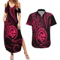 Polynesian Guam Coat of Arms Couples Matching Summer Maxi Dress and Hawaiian Shirt Polynesian Tribal Tattoo Pink Version LT9 Pink - Polynesian Pride