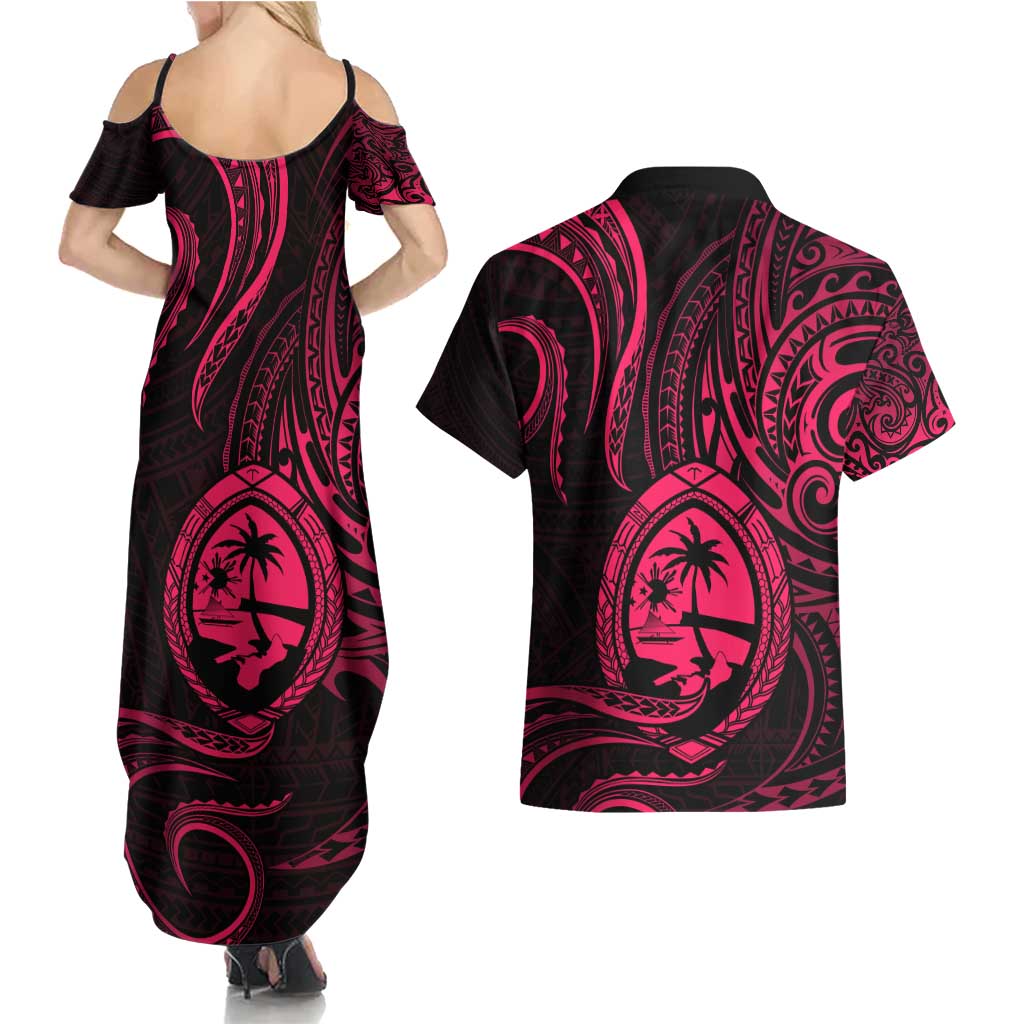 Polynesian Guam Coat of Arms Couples Matching Summer Maxi Dress and Hawaiian Shirt Polynesian Tribal Tattoo Pink Version LT9 - Polynesian Pride